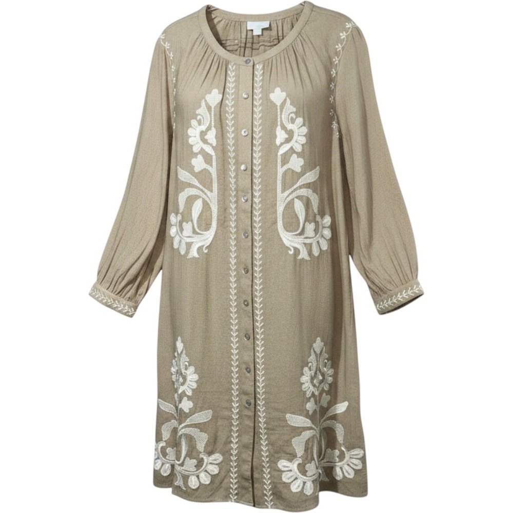 J.Jill‎ Womens Embroidered Long Sleeve Button Front Linen Blend Dress Tan Small